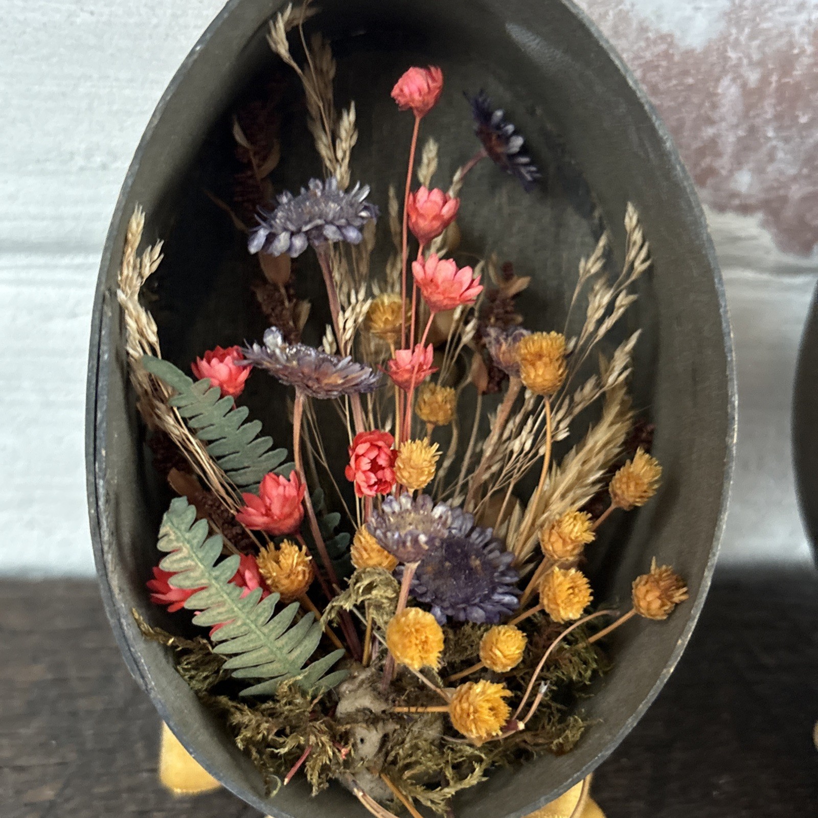 2 VTG Faux Dried Flower Style Arrangement Egg Shape Diorama Box Wall Hang MCM