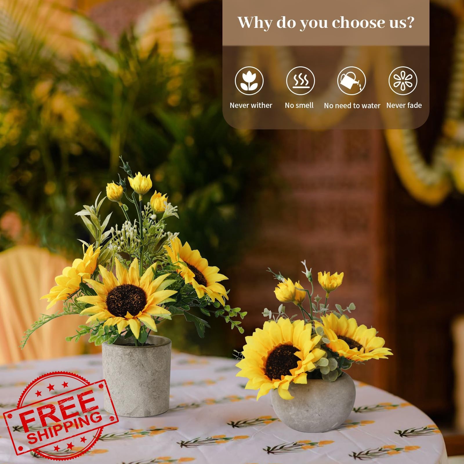 Leftover Sunflower Pot Artificial Flowers 7.48”+11.4” Yellow