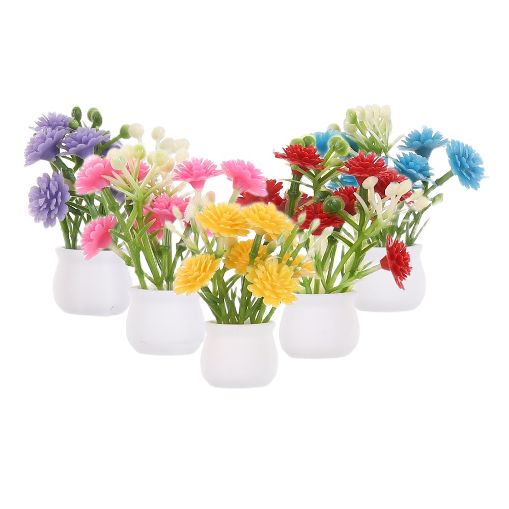 5pcs Mini Flower Pot Set with Artificial Flowers for Dollhouse and Fairy Garden