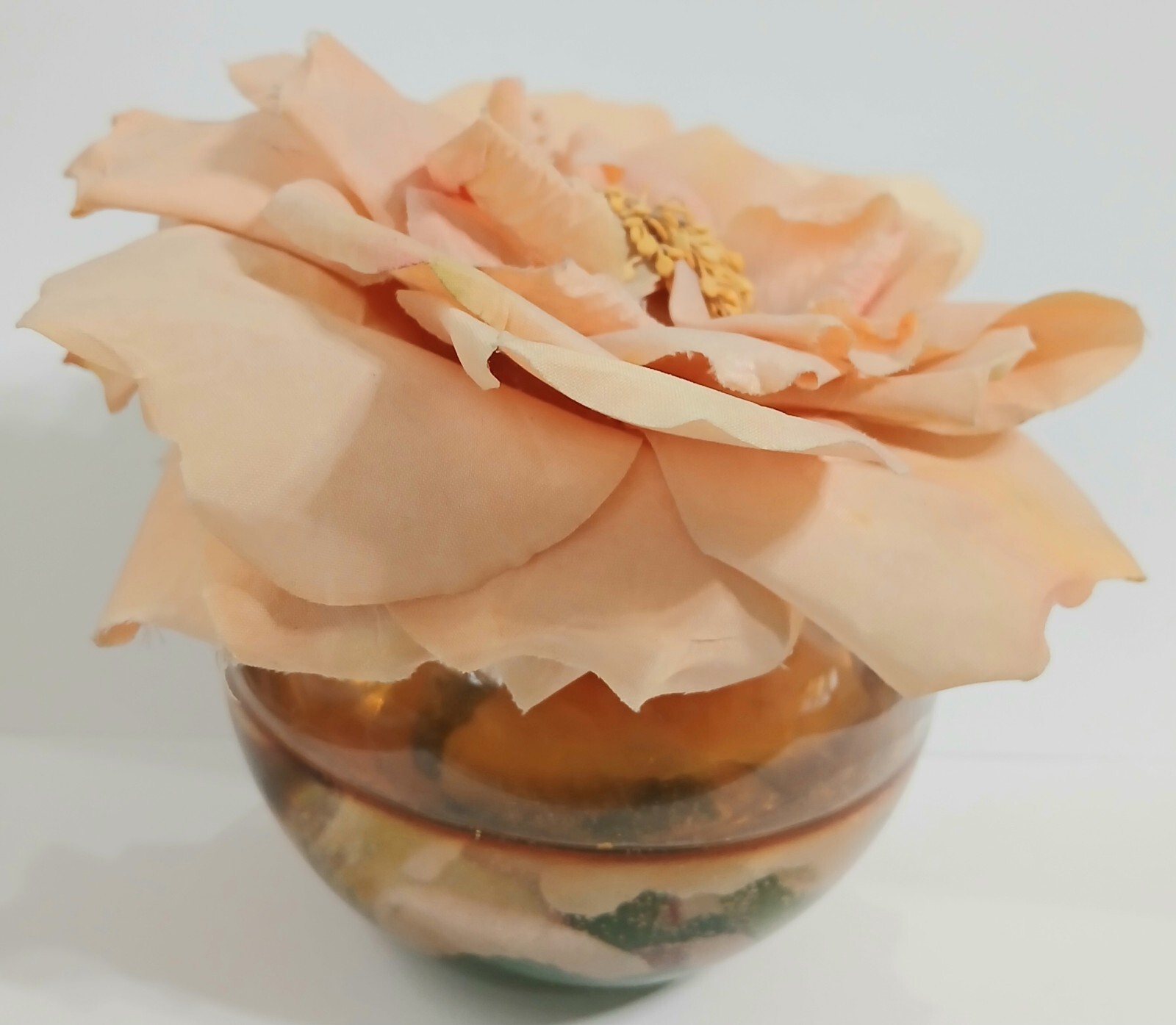 Vintage Peach Color Silk Flower Artificial  w/ Resin in Glass Bowl 5″
