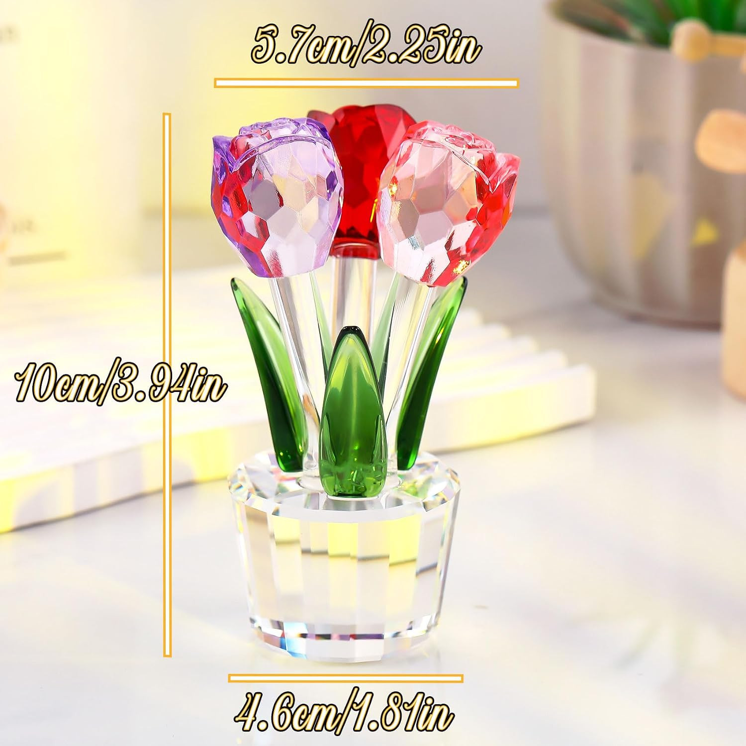 Crystal Rose Figurine 3 Roses Red Purple Pink K9 Crystal Gift Box for Women