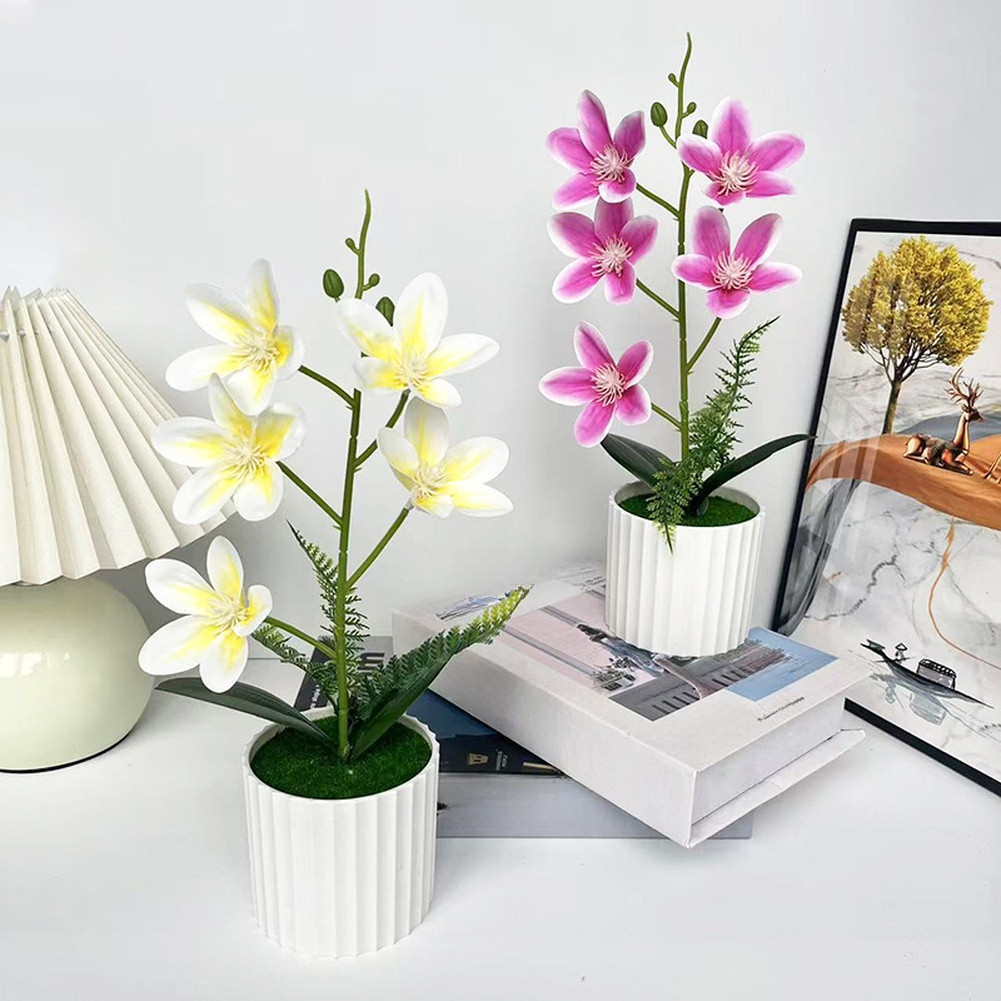 Vertical Pot Magnolia Flower Decoration with Realistic Petals and Green Leaves