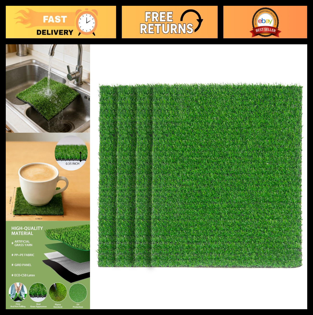 Realistic 6×6 Inch Artificial Grass Patch, Synthetic Turf Mat with Drainage Hole