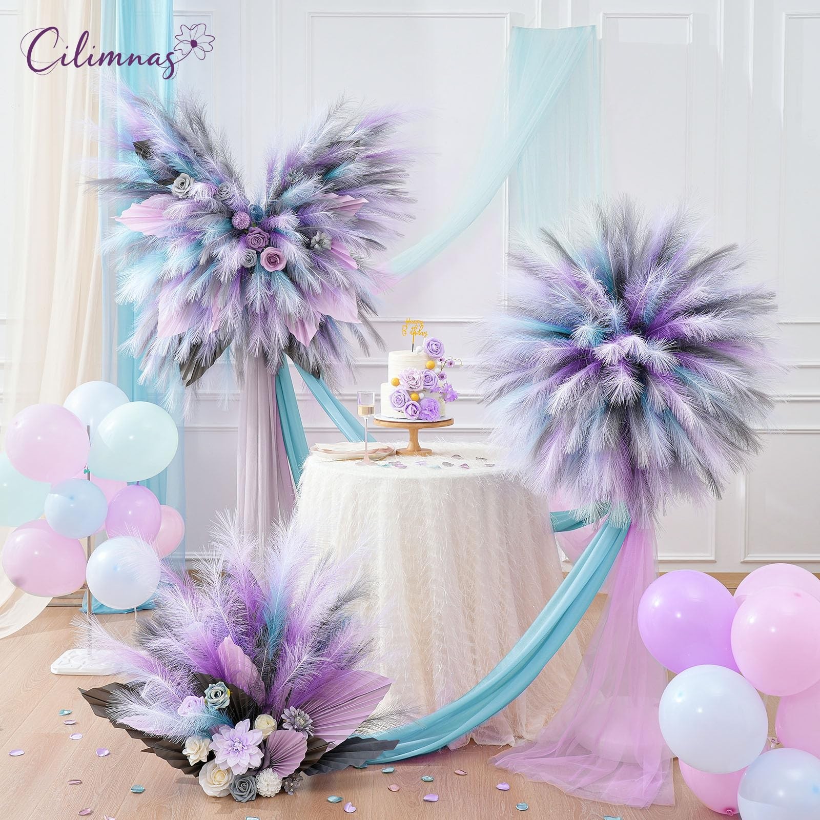 50 PCS 17.7 Inch Artificial Fluffy Faux Pampas Grass Gradient Blue Decor