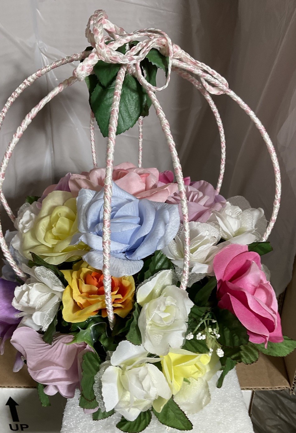 Hanging Flower Arrangement Wire Cage/Ribbon Shabby Chic Decor, All Colors Hmade