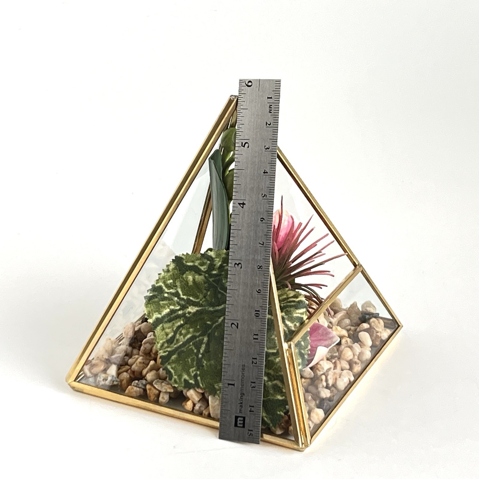 Geometric Pyramid Terrarium Tabletop Planter Artificial Succulents 6” Brass