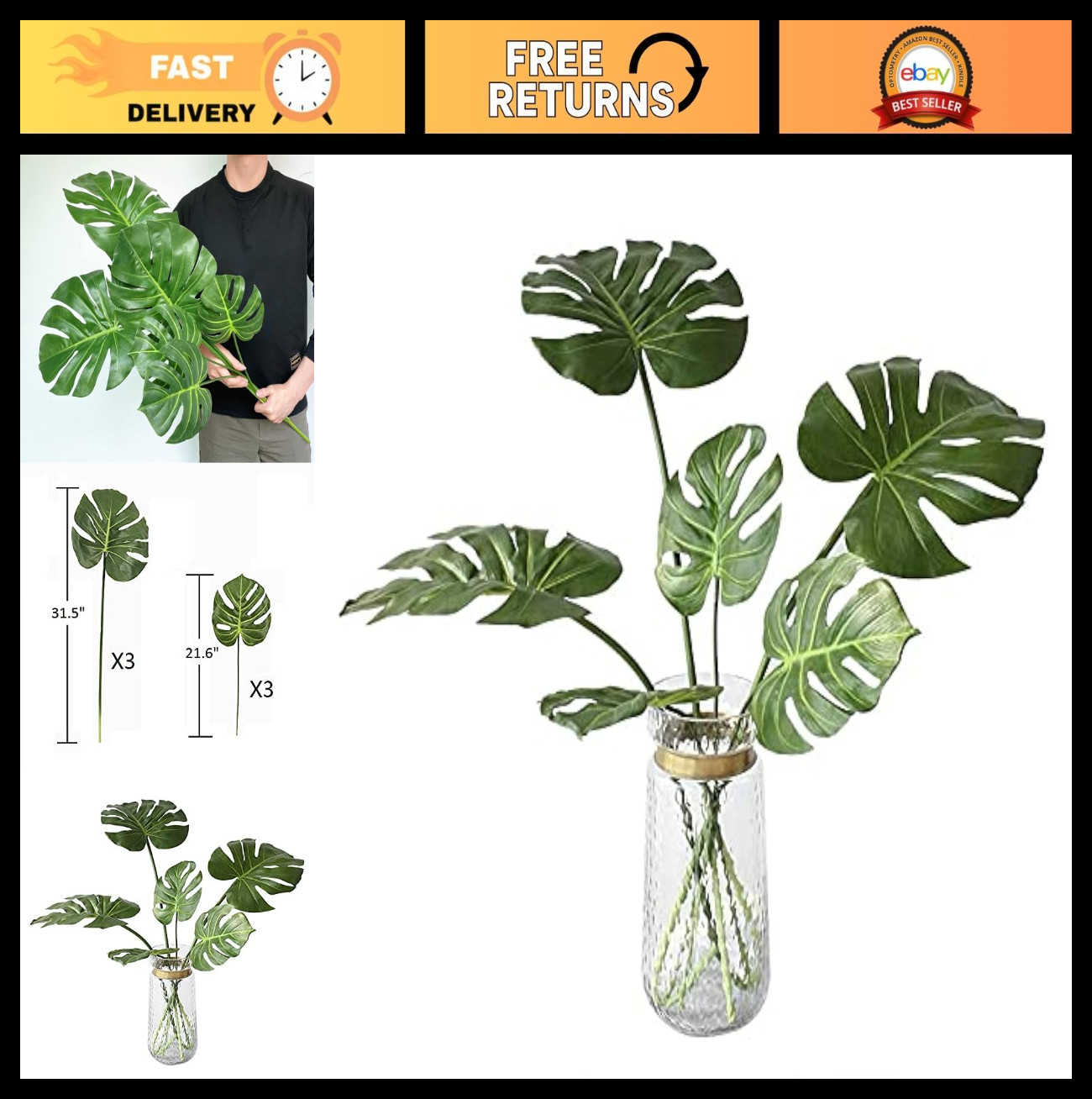 “Realistic Artificial Monstera Leaves – Faux Tropical Plant Stems for Home Decor
