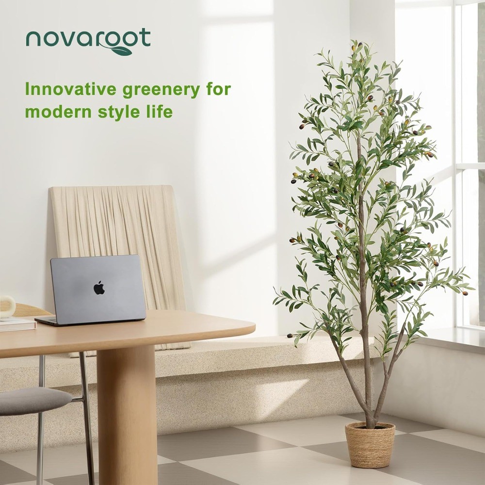 5FT Lighted Faux Olive Tree Indoor with Planter, Moss, Wood Trunk & Fruits