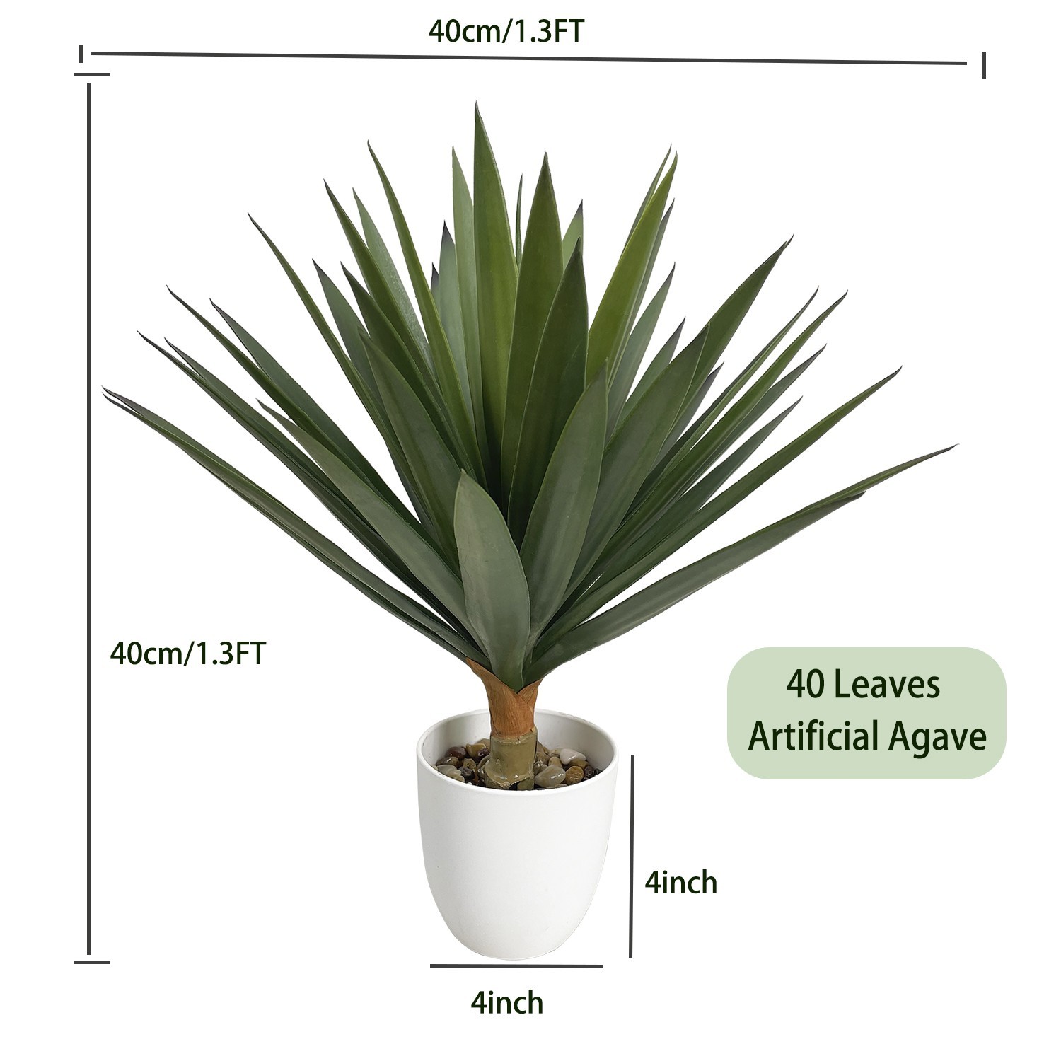 2Pcs 42cm Artificial Plant, 48 Leaves, White Pot with Pebble Decoration