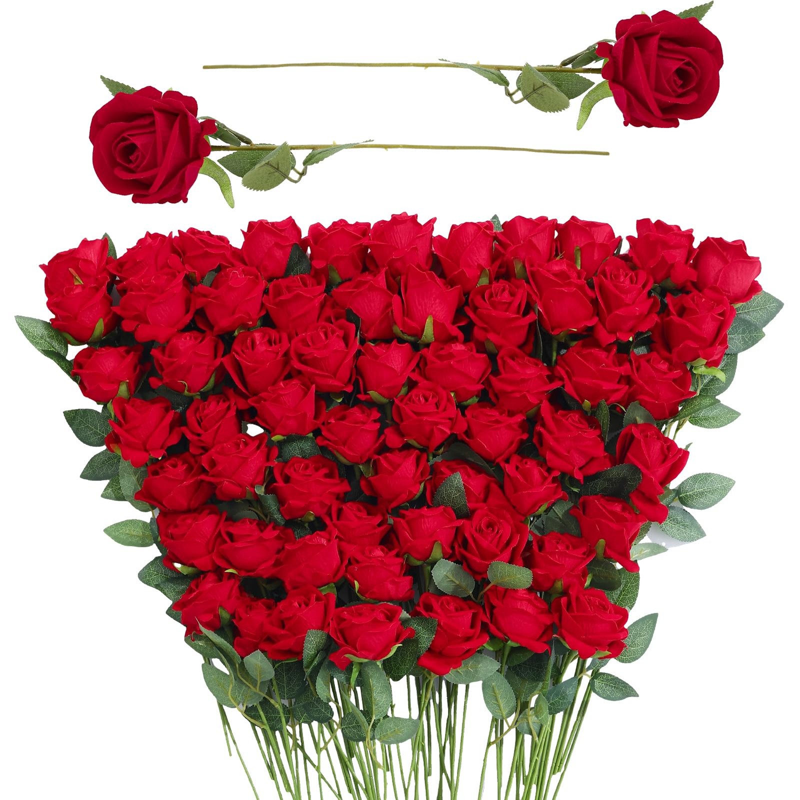 Ovveroche 90 Pcs Red Velvet Rose Artificial Flowers, 51cm Silk Wedding Fake S…