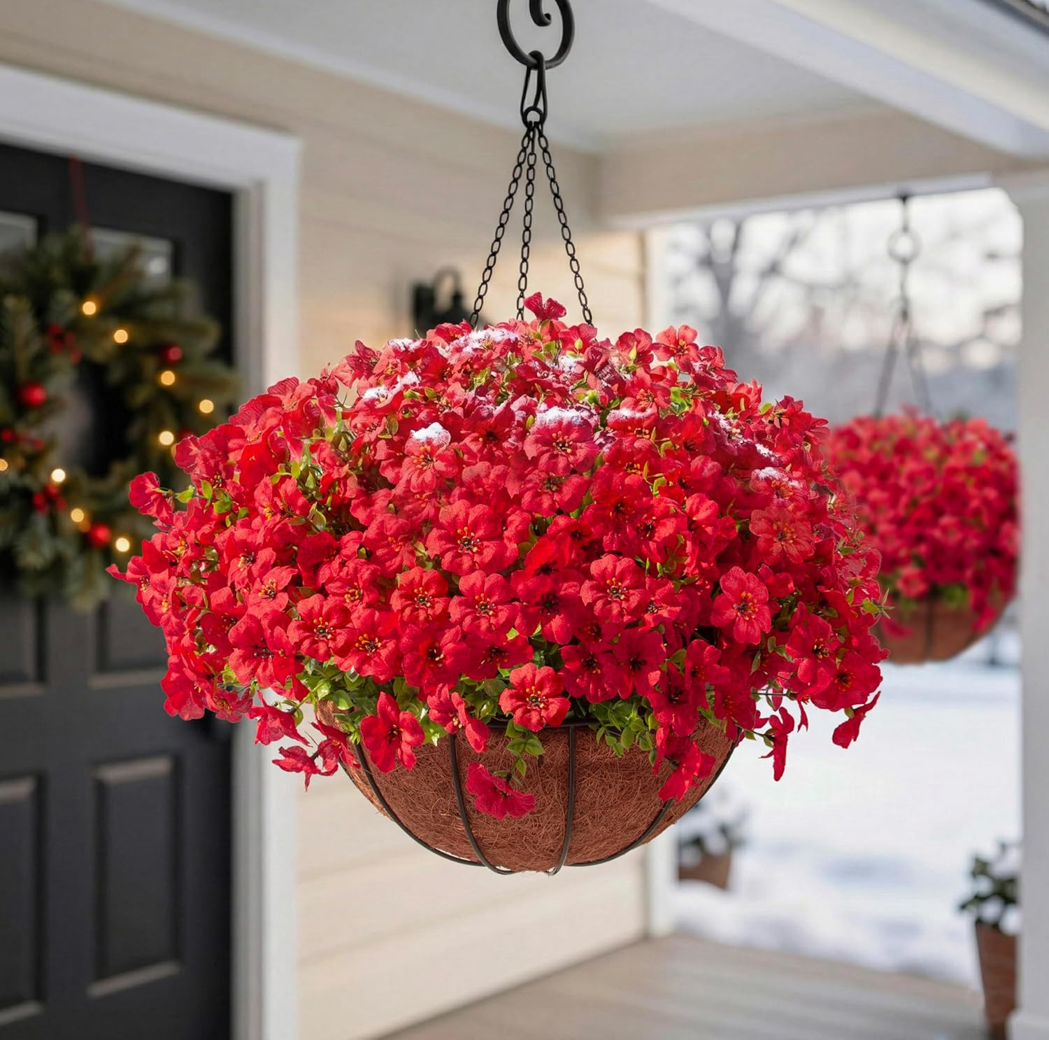 24 Pcs Red Artificial Flowers in Hanging Baskets for Outdoor Decor – 2 Pack