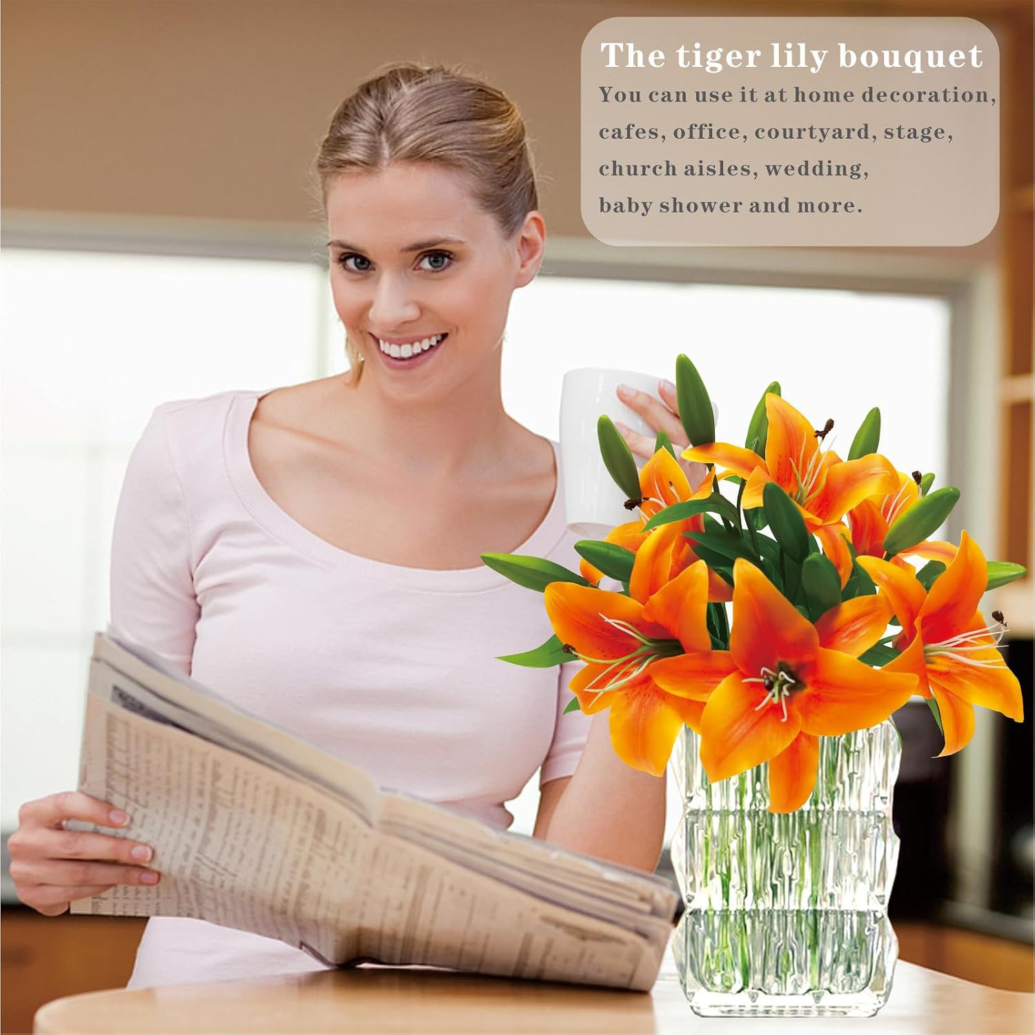 6Pcs Lilies Artificial Flowers Orange Lilies Real Touch Tiger Lily Fake Lillies