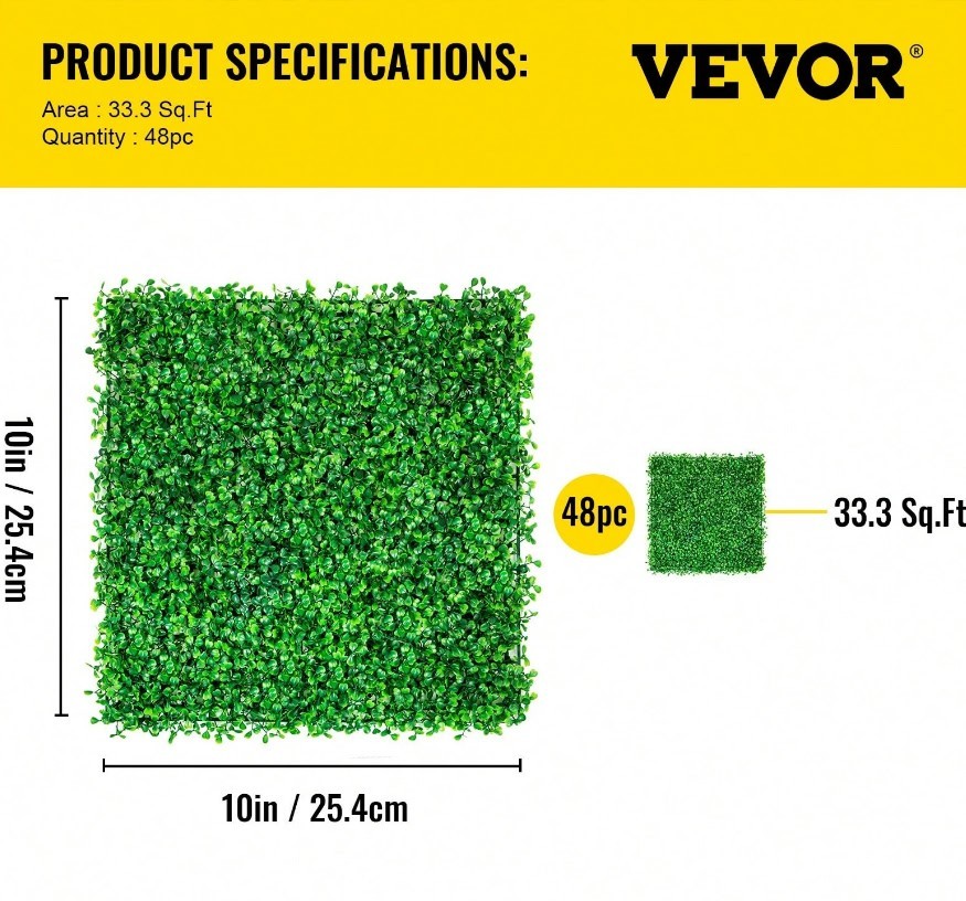48Pc 10x10in Artificial Boxwood Panels UV Green Hedge