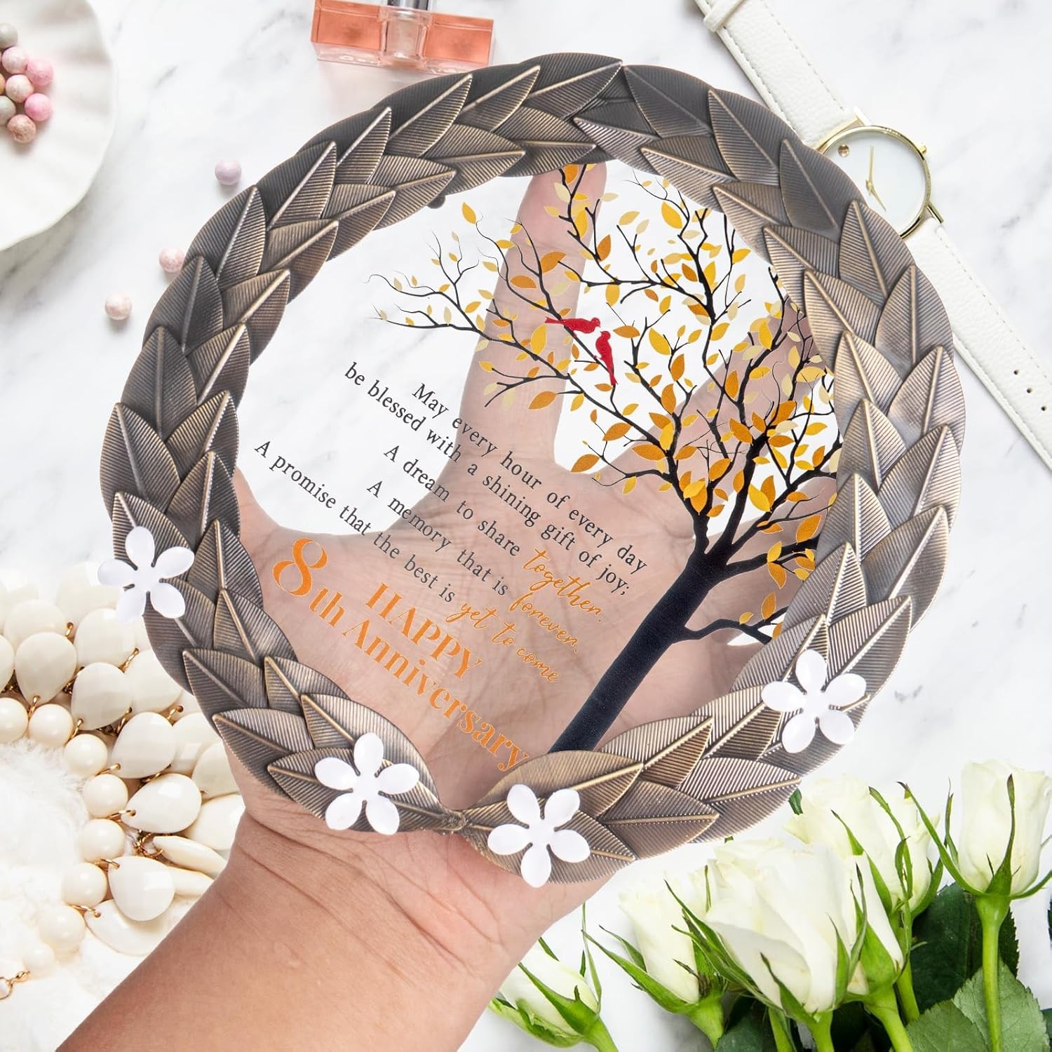 8th Anniversary Wedding Gifts Crystal Plate with Bronze Leaf Wreath – 8 Years