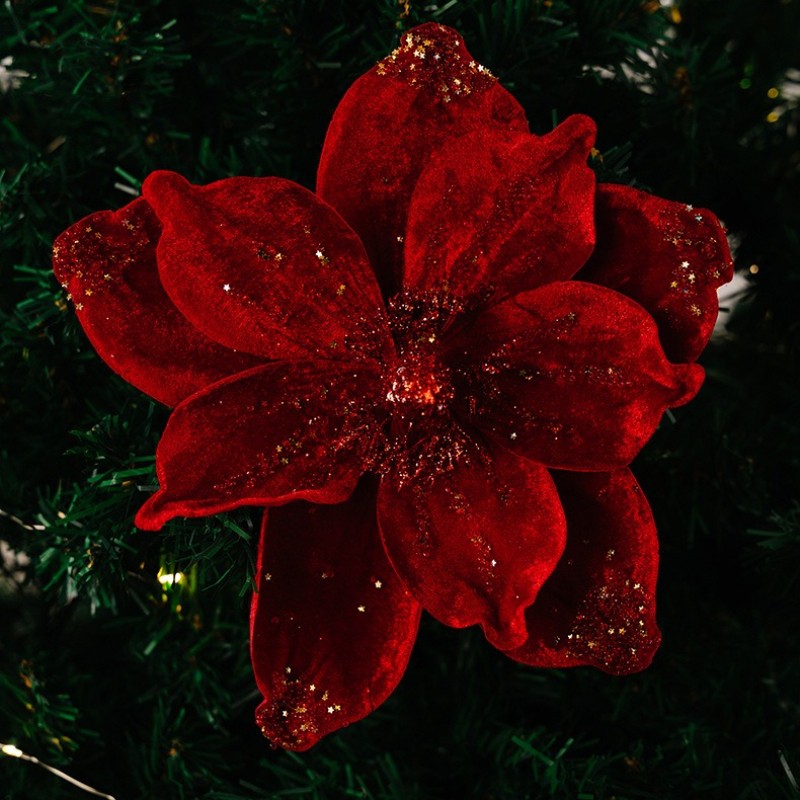 Artificial Velvet Poinsettia Picks Glitter Detail Holiday Garland Gift Box Decor