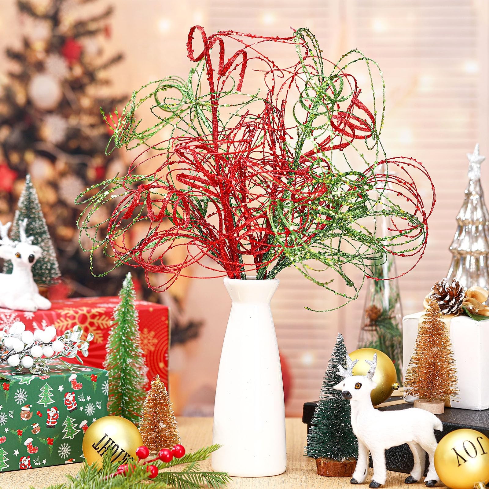 4 Pcs Glitter Christmas Picks Ting Curly Branches Stems Ornaments 20 Inch Red…