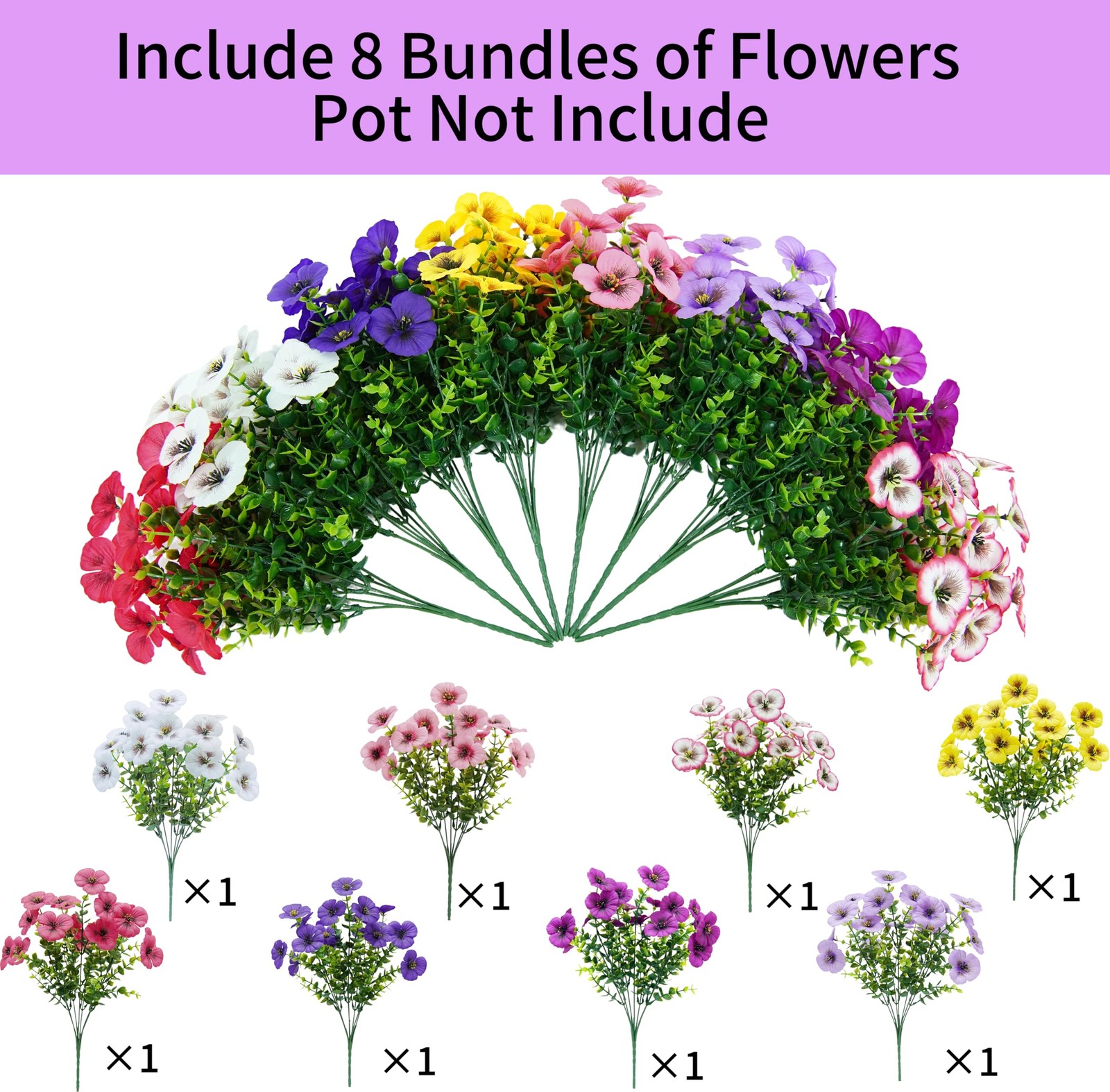 Artificial Pansy Flowers 8 Assorted Colors UV Resistant Faux Silk Flowers for…