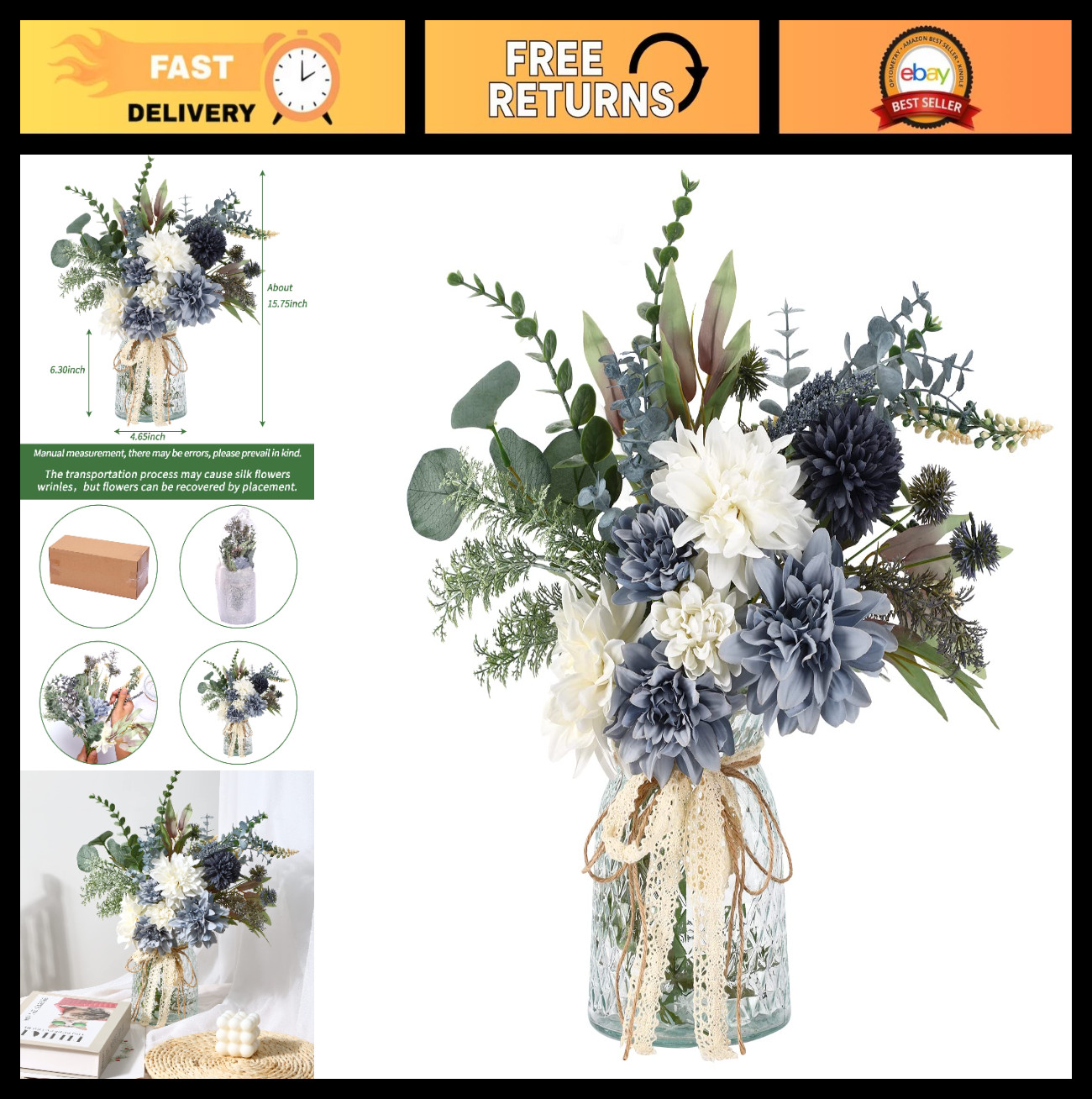 Artificial Flower Arrangement in Vase – Fake Floral Centerpiece Decor for Home,