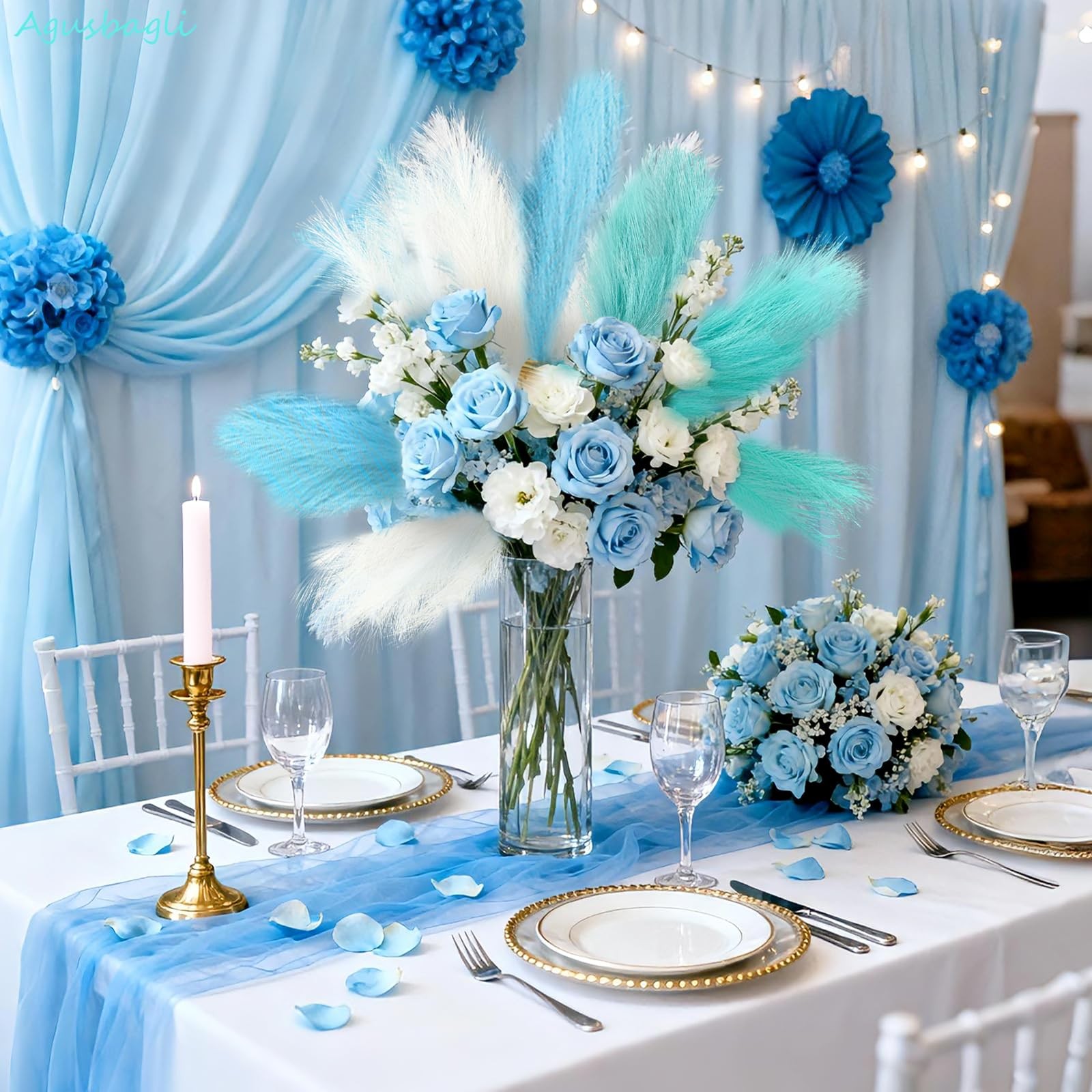 30pcs Light Blue Pampas Grass Decor, 21.5in Fluffy Faux Colored Pampas Grass …