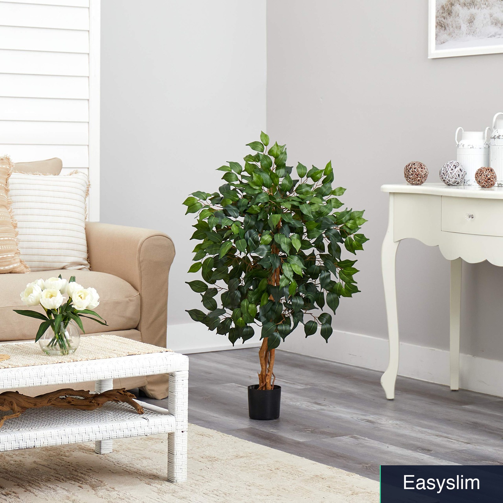 Artificial Ficus Tree 36 Inches Triple Trunk Green Silk Black Pot