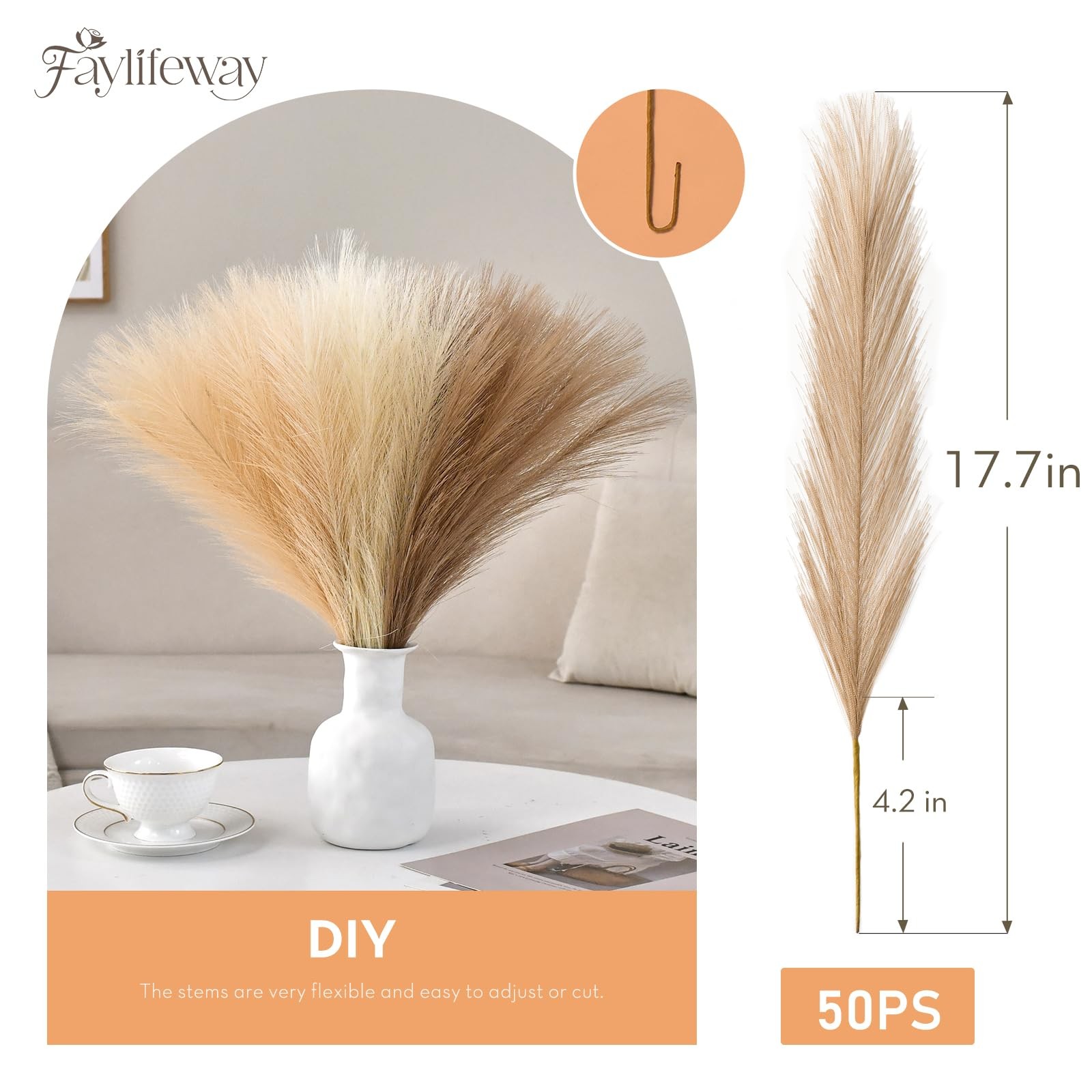 50PCS 17 Faux Pampas Grass, Sand Beige Light Brown, Fluffy, Vase Filler