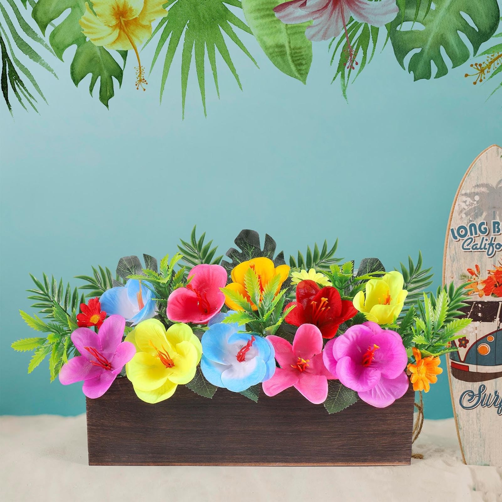 Hawaiian Table Centerpieces Artificial Hibiscus Flowers Arrangements Wooden C…