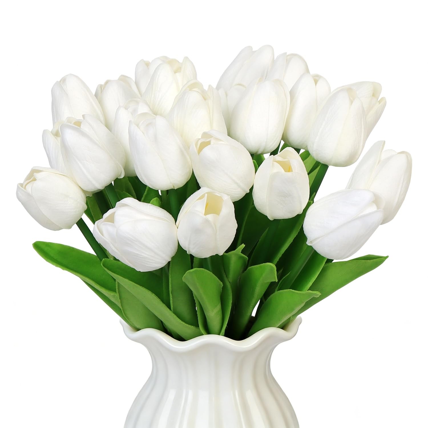 White Tulips Artificial Flowers 25 Pcs Real Touch 13.4″ – Wedding, Home Decor