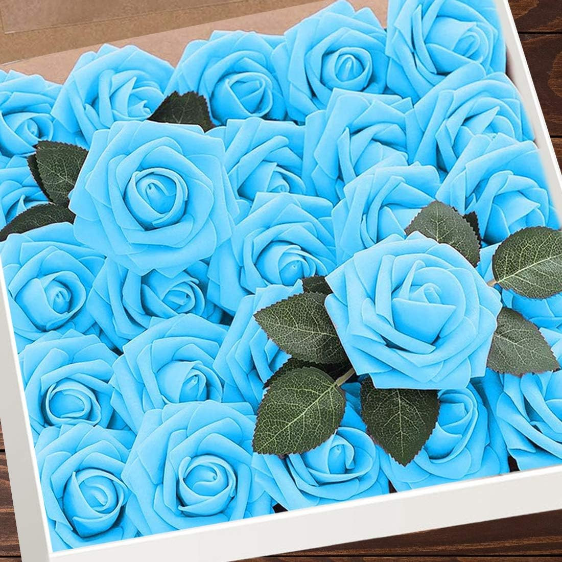 Artificial Flowers 25pcs Real Looking Blue Foam Fake Roses with Stems for DIY…