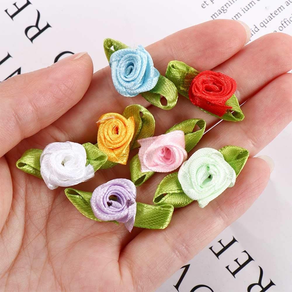 100 PCS Mini Ribbon Roses Crafts Artificial Fabric Flowers Green Leaves Decor