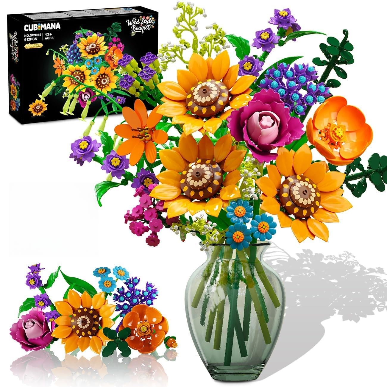 Wildflower Bouquet Building Set 912PCS Flower Arrangement Kit with Lights and