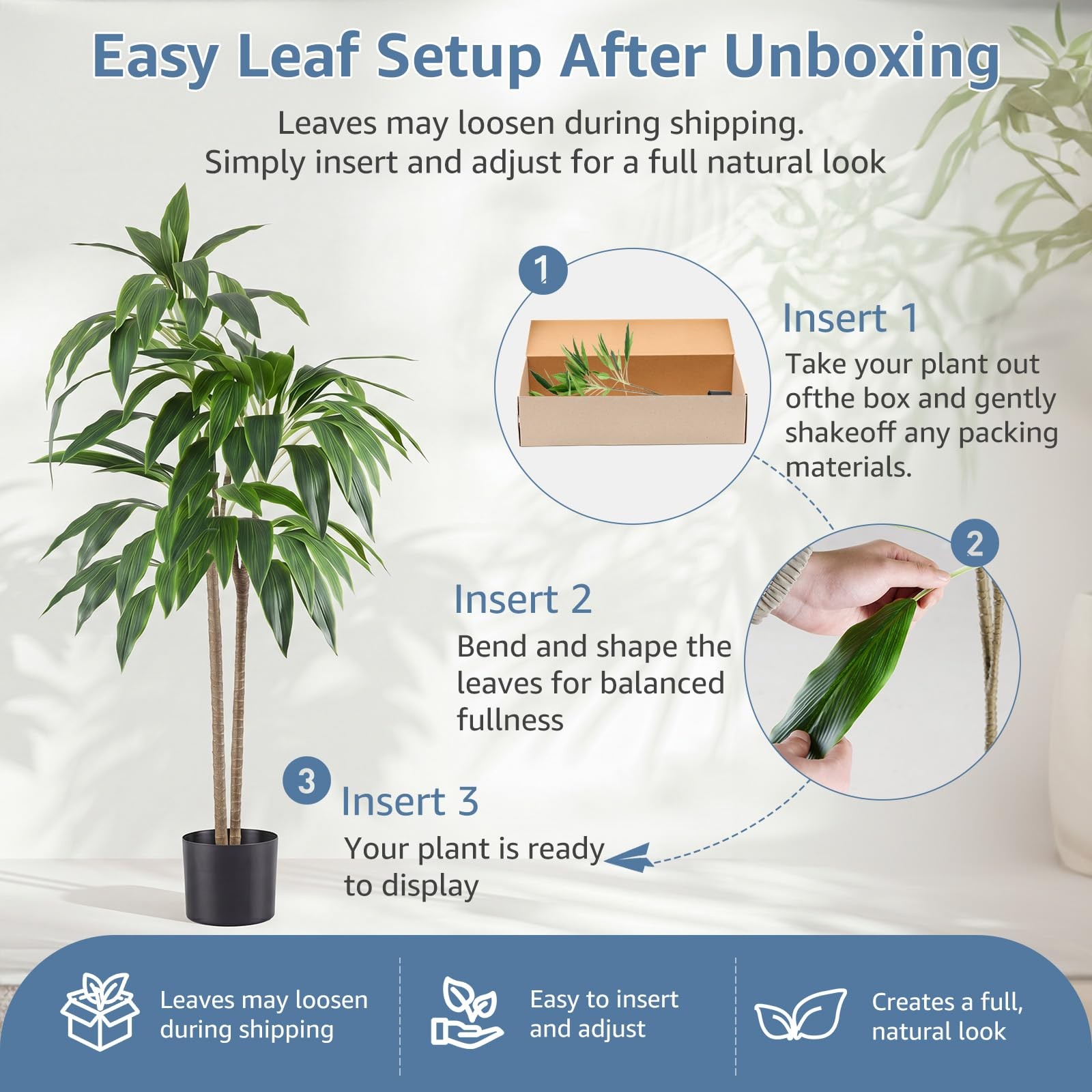 4FT Artificial Dracaena Tree, Lifelike Faux Indoor Floor Plant with Bendable …