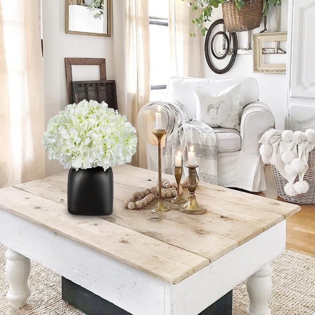 White Hydrangea Artificial Flowers in Ceramic Vase, Black Vase Farmhouse Cent…