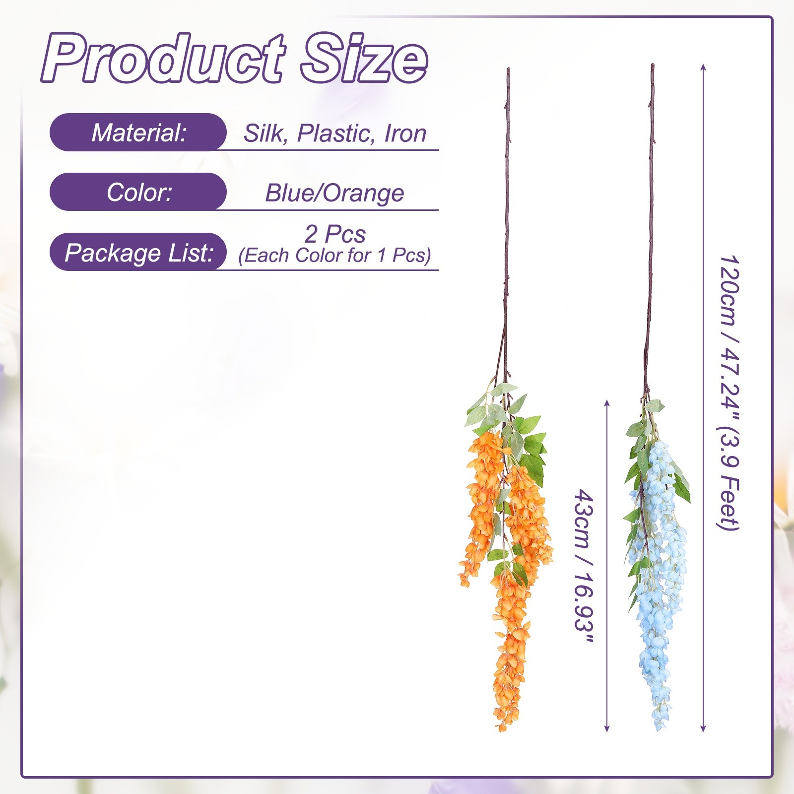 2 Pcs Artificial Wisteria Hanging Flowers 3.9 ft Fake Hanging Floral Blue/Orange