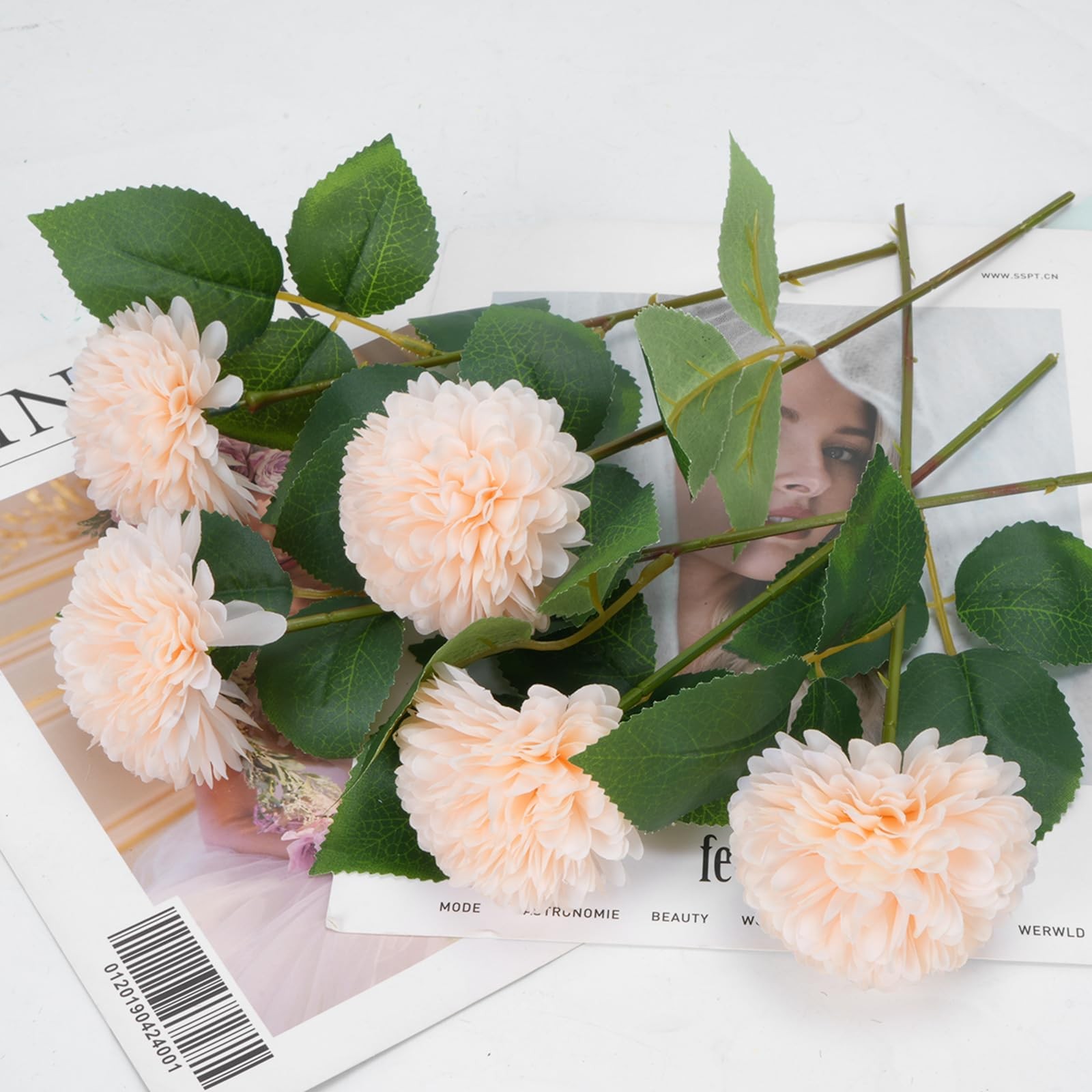Artificial Flowers Champagne Silk Chrysanthemum Head with Stems Greenery Leav…