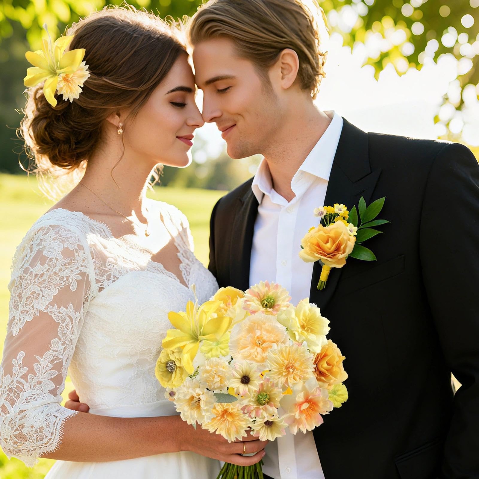 48 PCS Artificial Flower Heads Combo Yellow Silk Bulk Faux Rose Wedding Decor