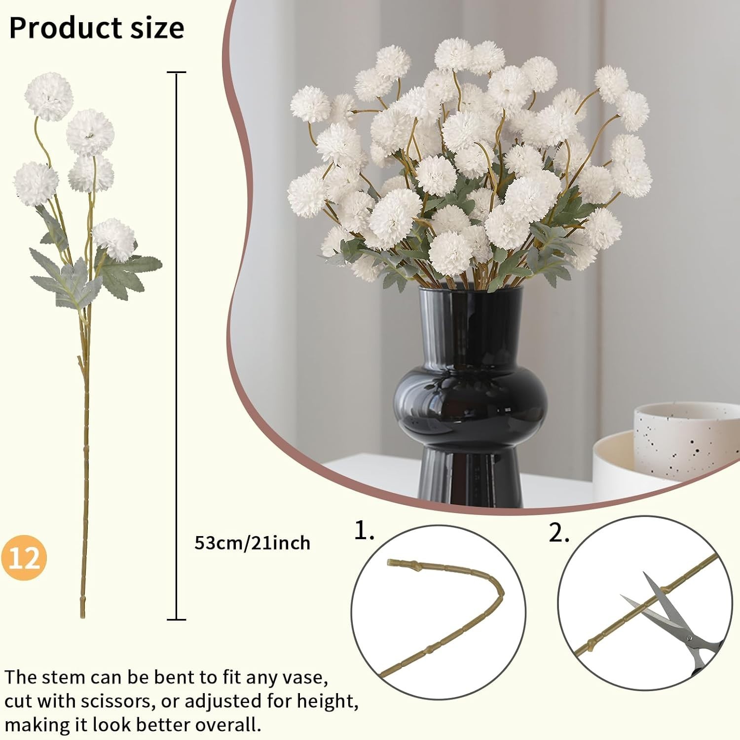 12 Pack Artificial Flowers Faux Kiku Flower Stems 21 Inch Silk Fall Floral Decor