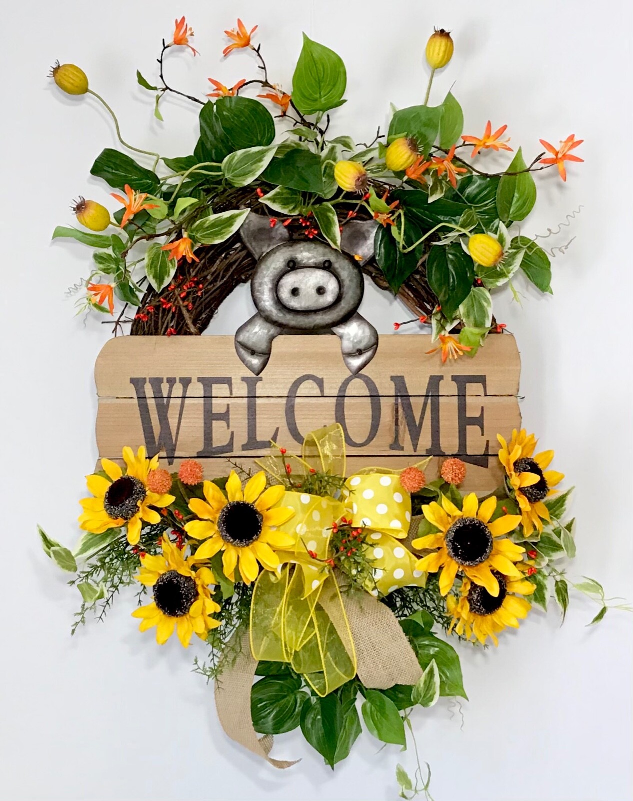 BRIGHT SUNFLOWER GRAPEVINE SUMMER WREATH METAL PIG WOOD WELCOME SIGN DECOR NEW