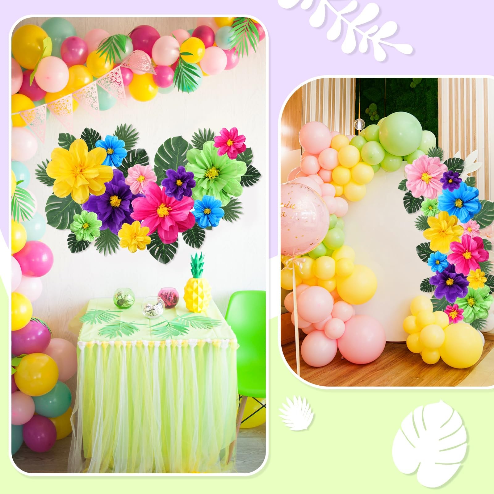 Tissue Paper Flowers Faux Palm Leaves Set 42 PCS for Hawaiian Luau Party