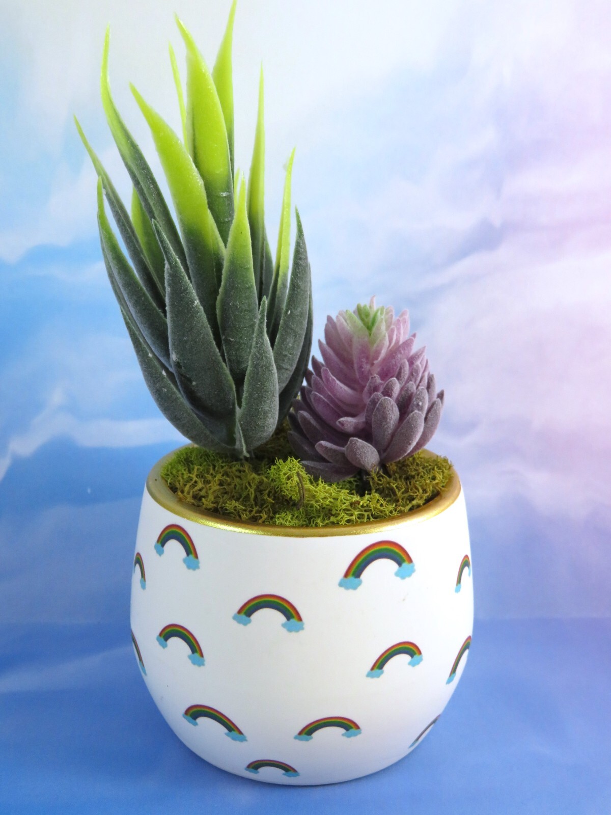 Mini Rainbows Ceramic Planter With Artificial Succulents Gold Rim 2.5 Inch New