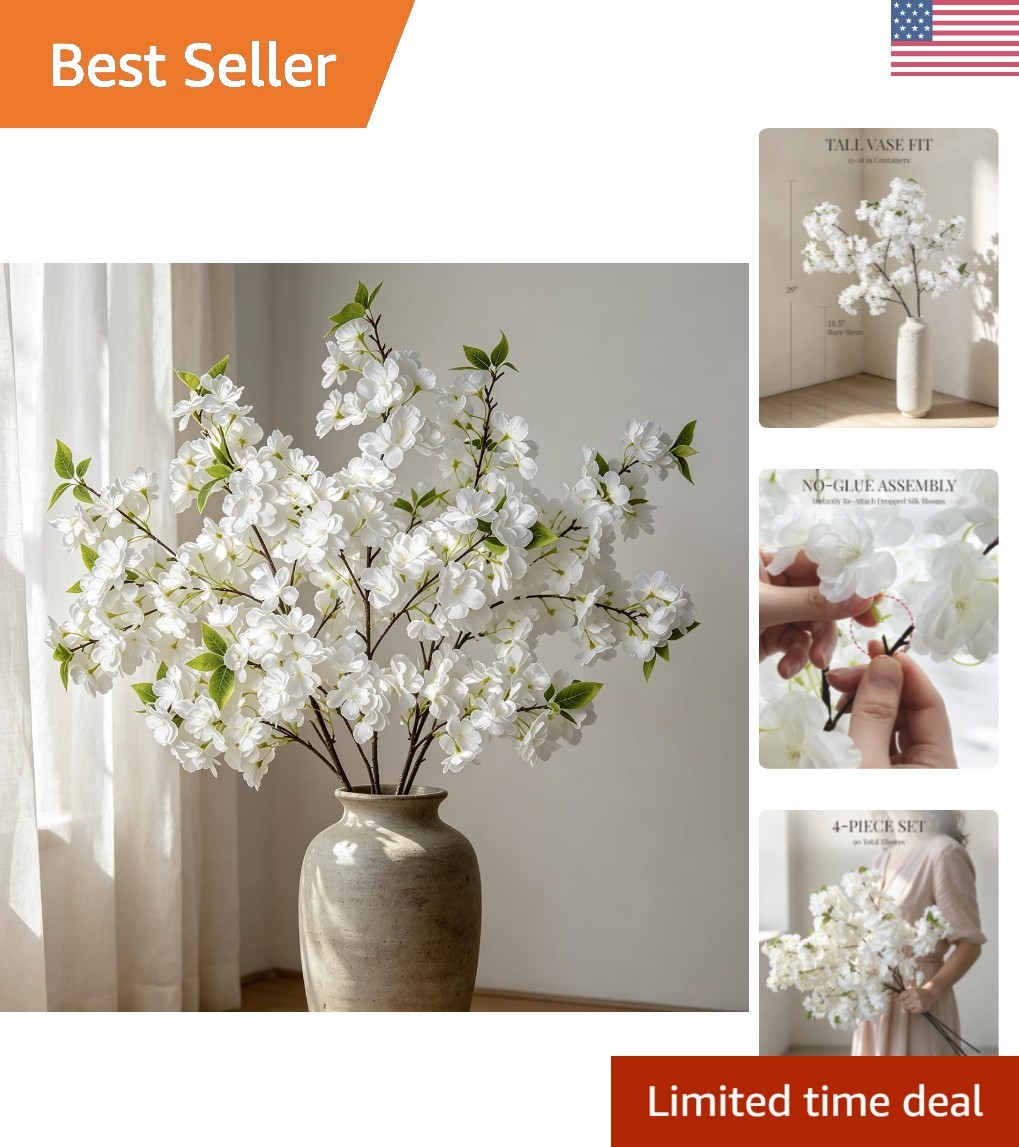 Faux Cherry Blossom Branches with Reattachable Blooms – 39 in for Stunning Vases