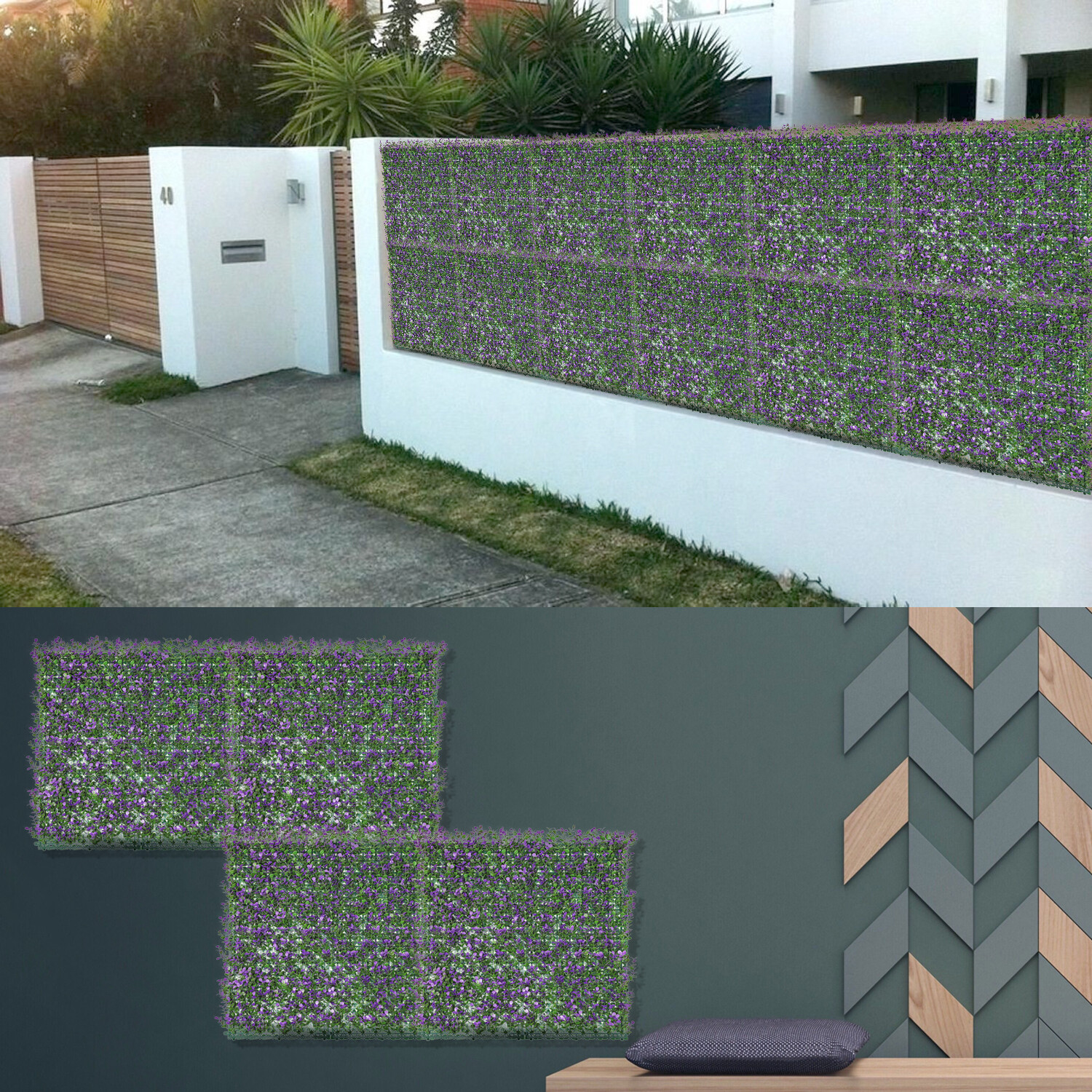 20″x20″ Artificial Wall Decor Privacy Fence Panel, Purple Buxus with Backing