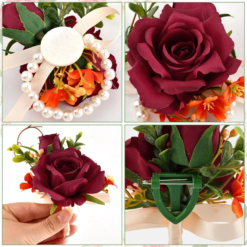 Wrist Corsage And Boutonniere Set Prom Artificial Flowers Wedding Red 2 PCS
