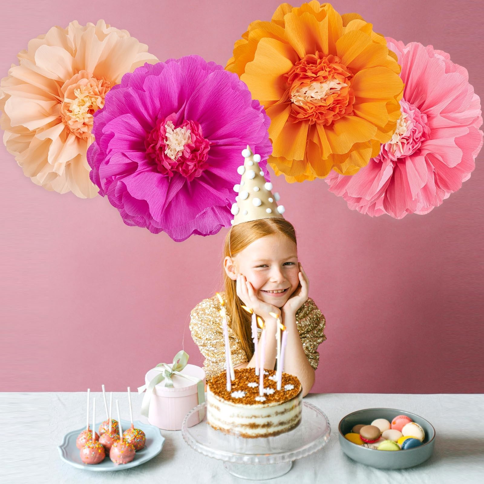 Large Paper Flowers 20” Pink Orange Giant Crepe Tissue Wall Decor 4 PCS