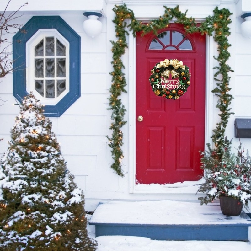 11 Inch Wreath with Bows and Gold Bells Artificial Branch Door Garland