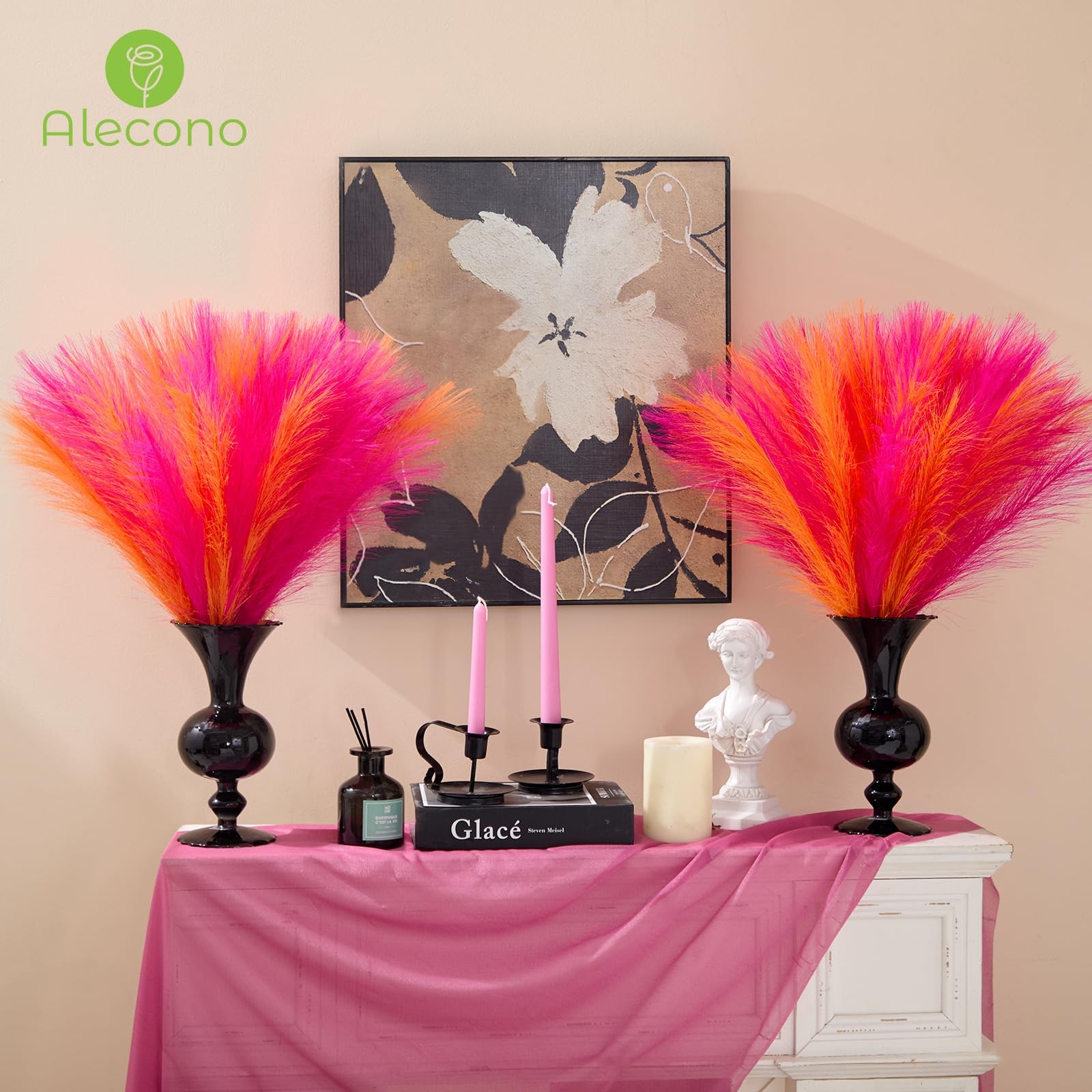 Pampas Grass 17in 𝟯𝟬𝙋𝙘𝙨, Orange and Hot Pink Artificial Faux Fluffy Pamp…