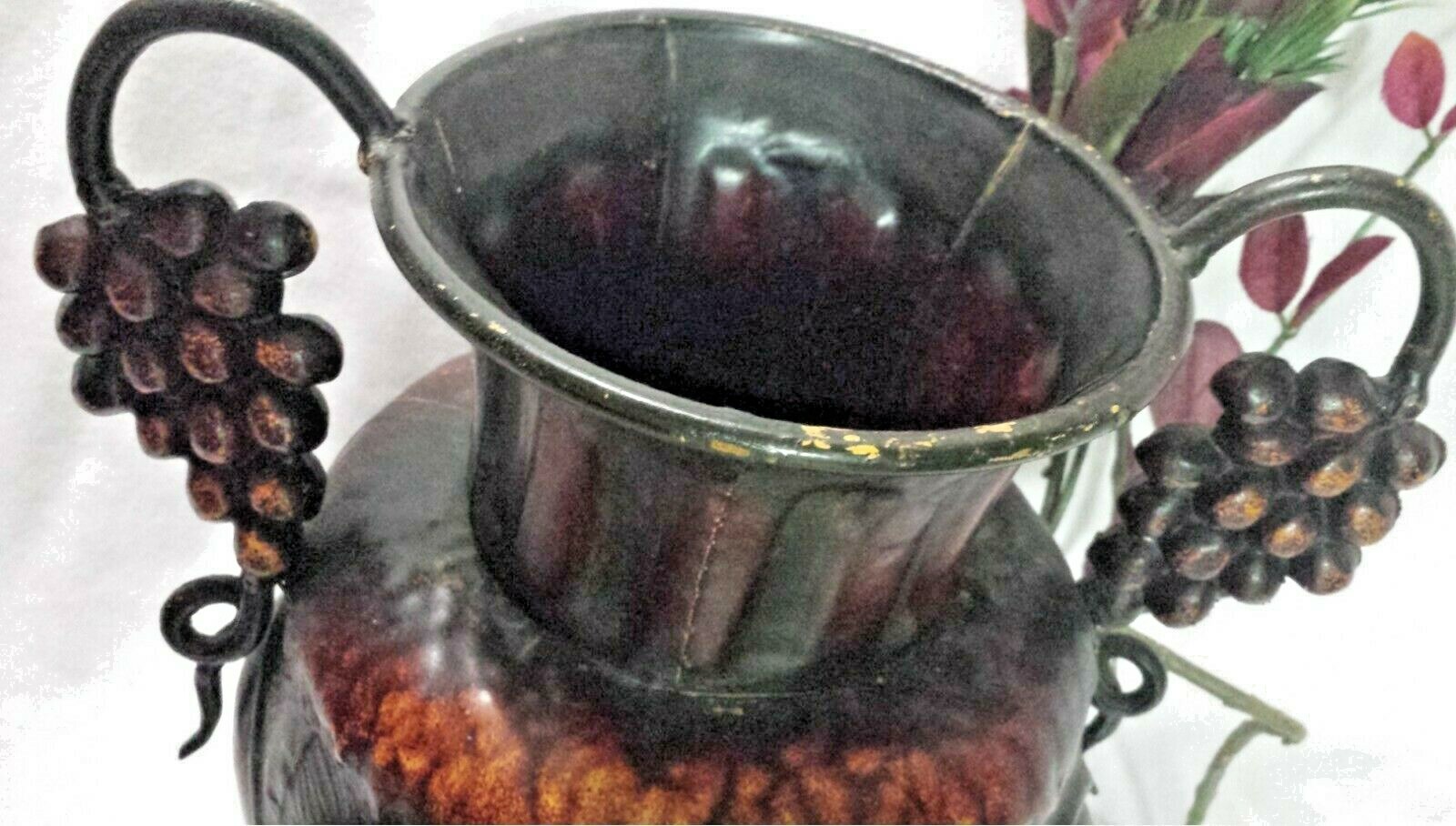 Metal Ornate Vase 13.75″ w/ Artificial Floral Sprigs Heavy Decorative Container