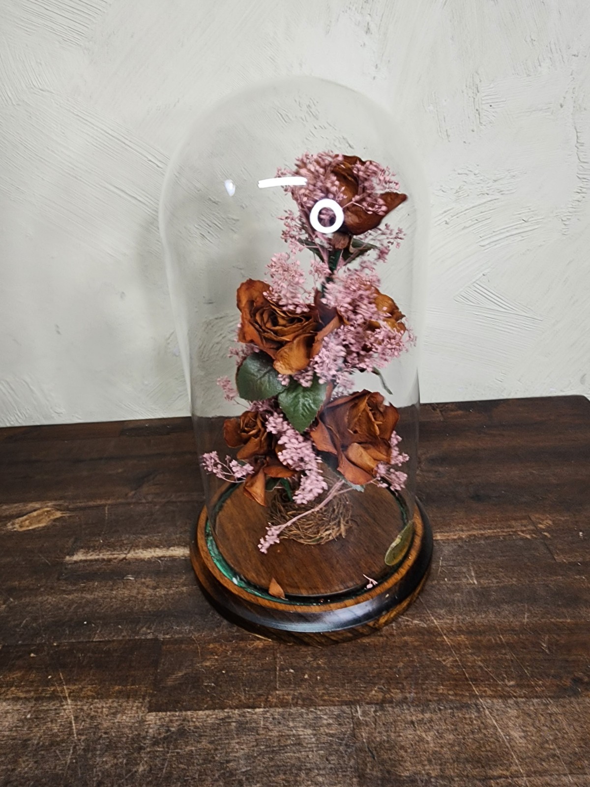 Vintage NATURAL ROSES TYLER TX Dried Flower Glass Dome Cloche Arrangement