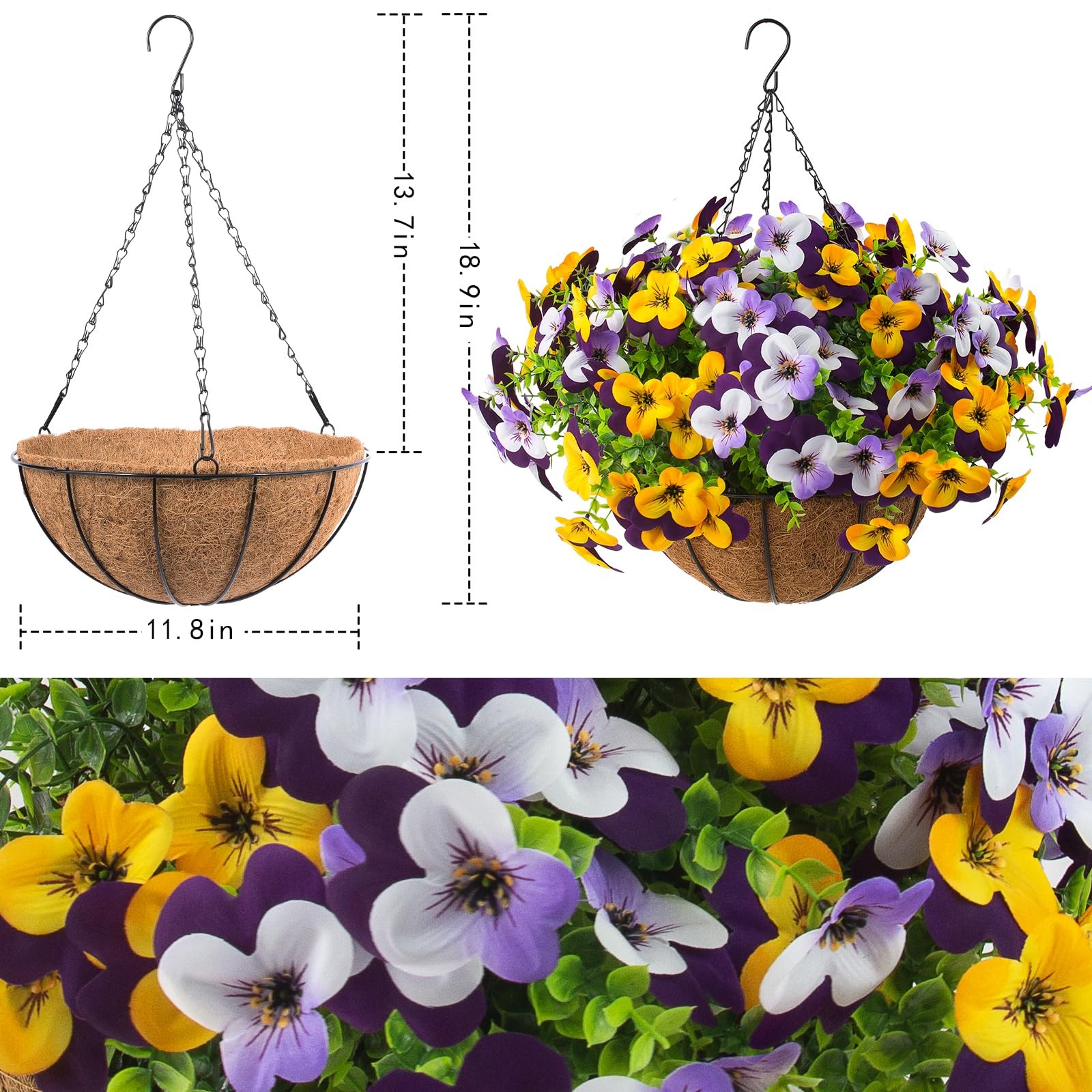 2 Set Artificial Outdoor Pansy Flowers with Hanging Baskets, 2 Hanging Basket…