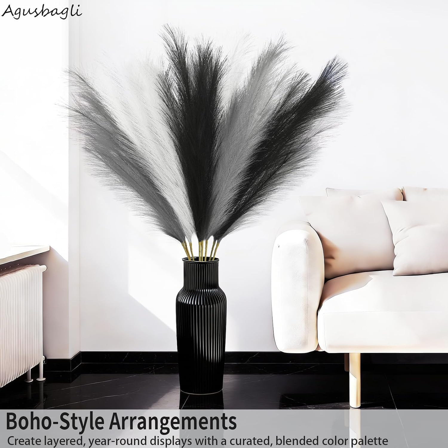 8 Pcs Black Faux Pampas Grass Decor 35“ Fluffy Tall Artificial Colored Pampas Gr