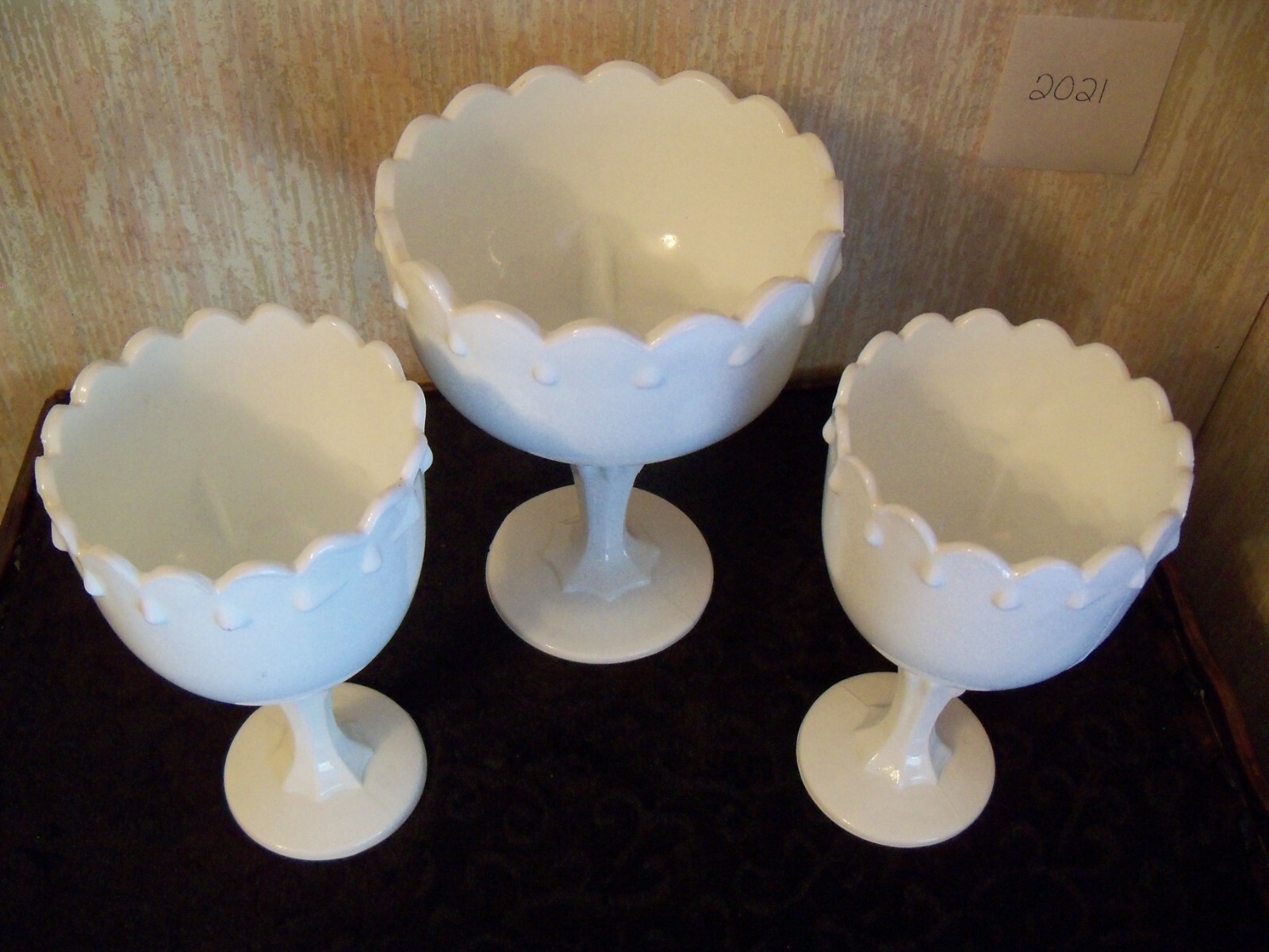 3 MATCHING WHITE GLASS – VTG COMPOTES – 2 SIZES